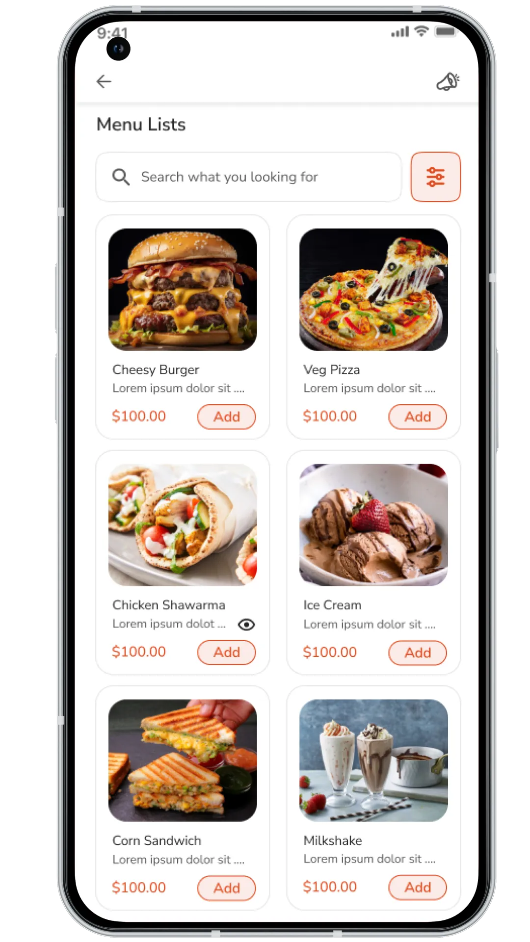 food delivery app menu list