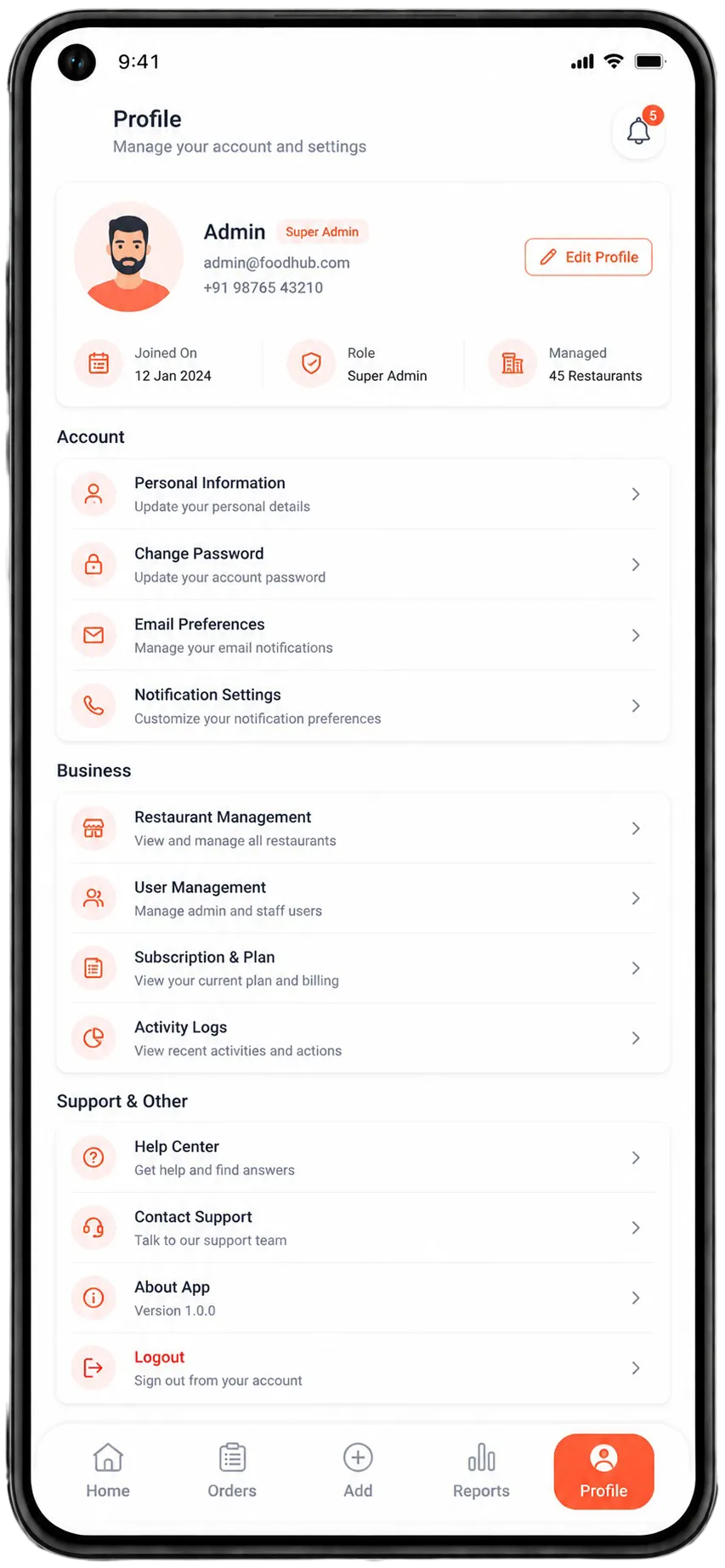 Grubhub Clone admin profile